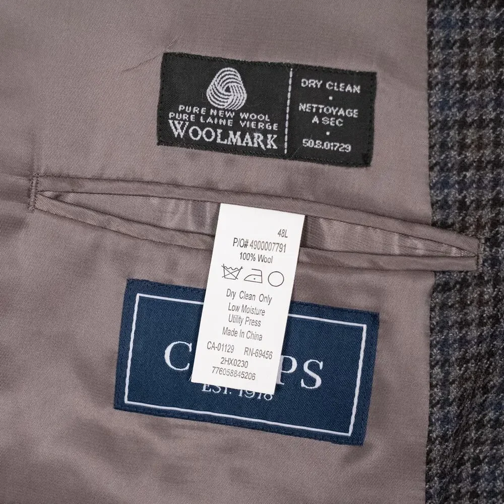 Chaps Classic Men's Wool Blazer Size 48L Charcoal Gray & Blue Houndstooth Check